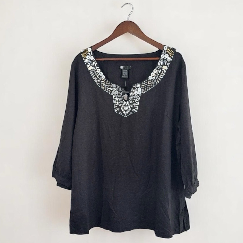 Carole Little Tunic Women 1X Black Linen Blend Embellished V-Neck 3/4 Sleeve